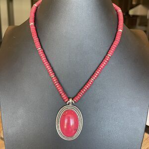 CHAPS Southwestern Red Pendant and Red Bead Silver Tone Necklace 18-20”